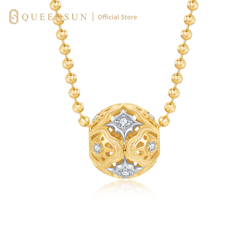 18k Gold Lab Diamond Sphere Beaded Necklace | Lab Diamond Sphere Pendant |  Vintage Engraved Pendant Necklace | Daily Wear Luxury Necklaces 18K 金 球镶钻串珠项链复古雕刻吊坠颈链