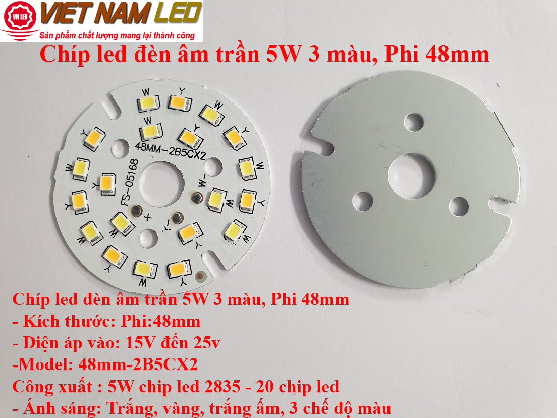 Chíp led 5W 3 màu, Phi 48mm thay thế cho đèn âm trần, sáng 3 chế độ màu