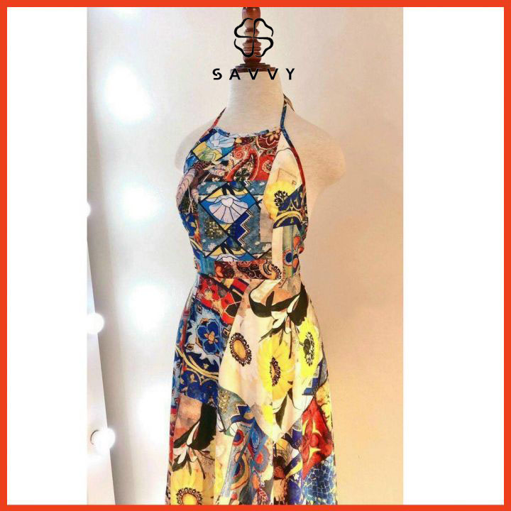 Đầm maxi thổ cẩm đan dây lưng, đầm nữ đi biển đẹp cao cấp - savvy store