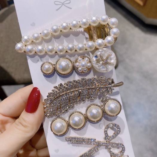 Set 6 Món Kẹp Tóc Đính Đá Ngọc Trai Phong Cách Hàn Quốc, Cặp Tóc Đính Đá Thiết Kế Sang Cảnh Thời Trang Phụ Kiện Tóc Nữ