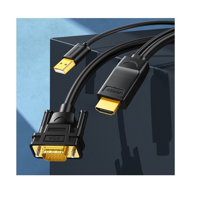 Ugreen 30449 1.5m màu đen cáp chuyển đỗi hdmi sang vga kèm cổng nguồn usb mm117