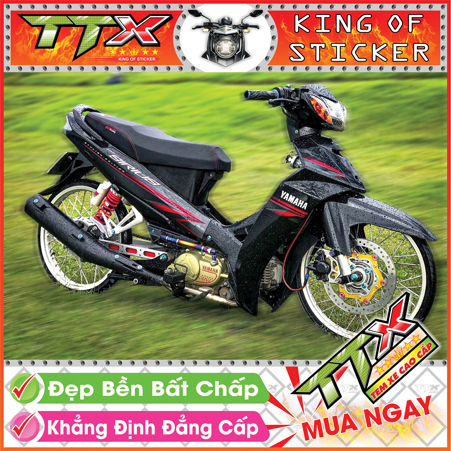 Tem sirius chỉ đỏ , Tem xe phụ kiện sirius màu đen nền xám siêu đẹp , Shop TTX Team chế sirius