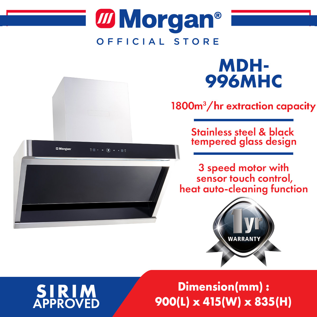 MORGAN MDH-996MHC DESIGNER KITCHEN CHIMNEY HOOD 900MM/1800M3