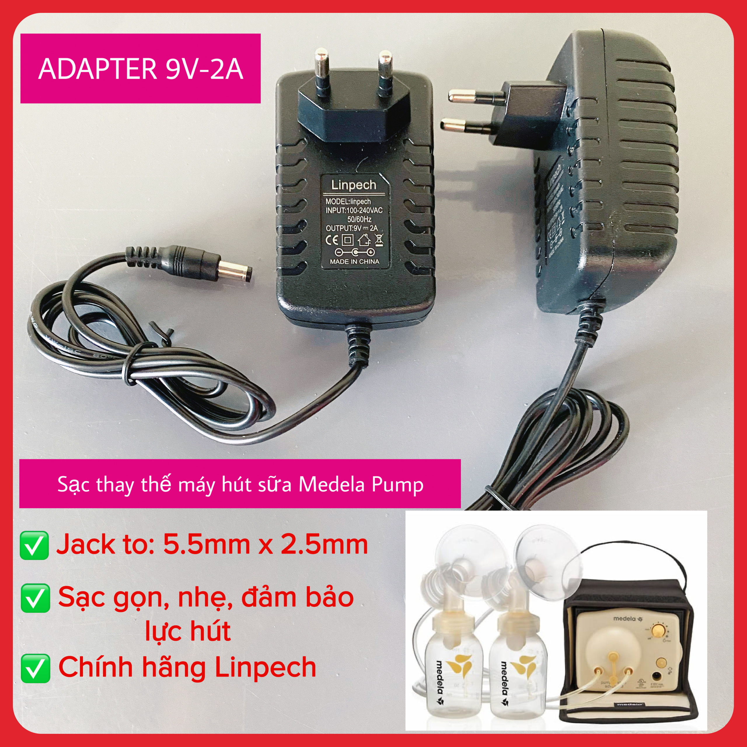 Adapter sạc 9V 2A chân to thay thế cho sạc máy hút sữa Medela Pump 220V