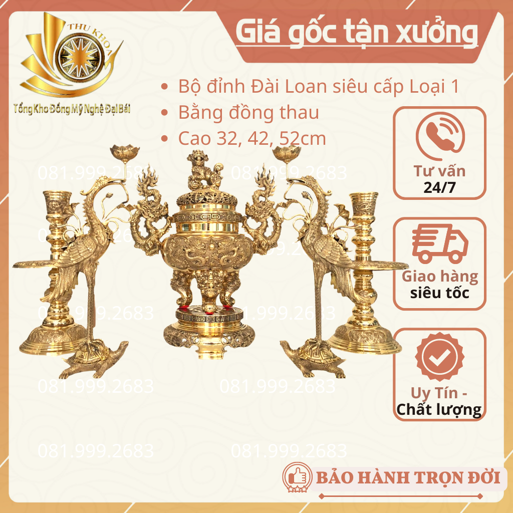 Bộ Đỉnh Đồng Ngũ Sự Đỉnh Hạc Chân Đèn Bằng Đồng Kích Thước Chuẩn Phong Thủy, Bộ Lư Đặt Bàn Thờ Bằng Đồng Đại Bái Chất Liệu Đồng Vàng Dày Dặn Sang Trọng Cao Cấp Miễn Ship Toàn Quốc