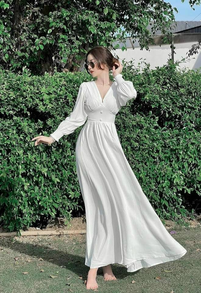 Maxi nữ tay dài ôm eo thiết kế cổ V kiểu dáng lịch thiệp sang trọng chất vải lụa co mút SUNI