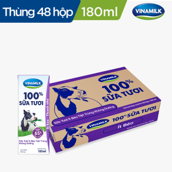 Sữa tươi tiệt trùng Vinamilk 100% tách béo không đường - Thùng 48 hộp 180ml