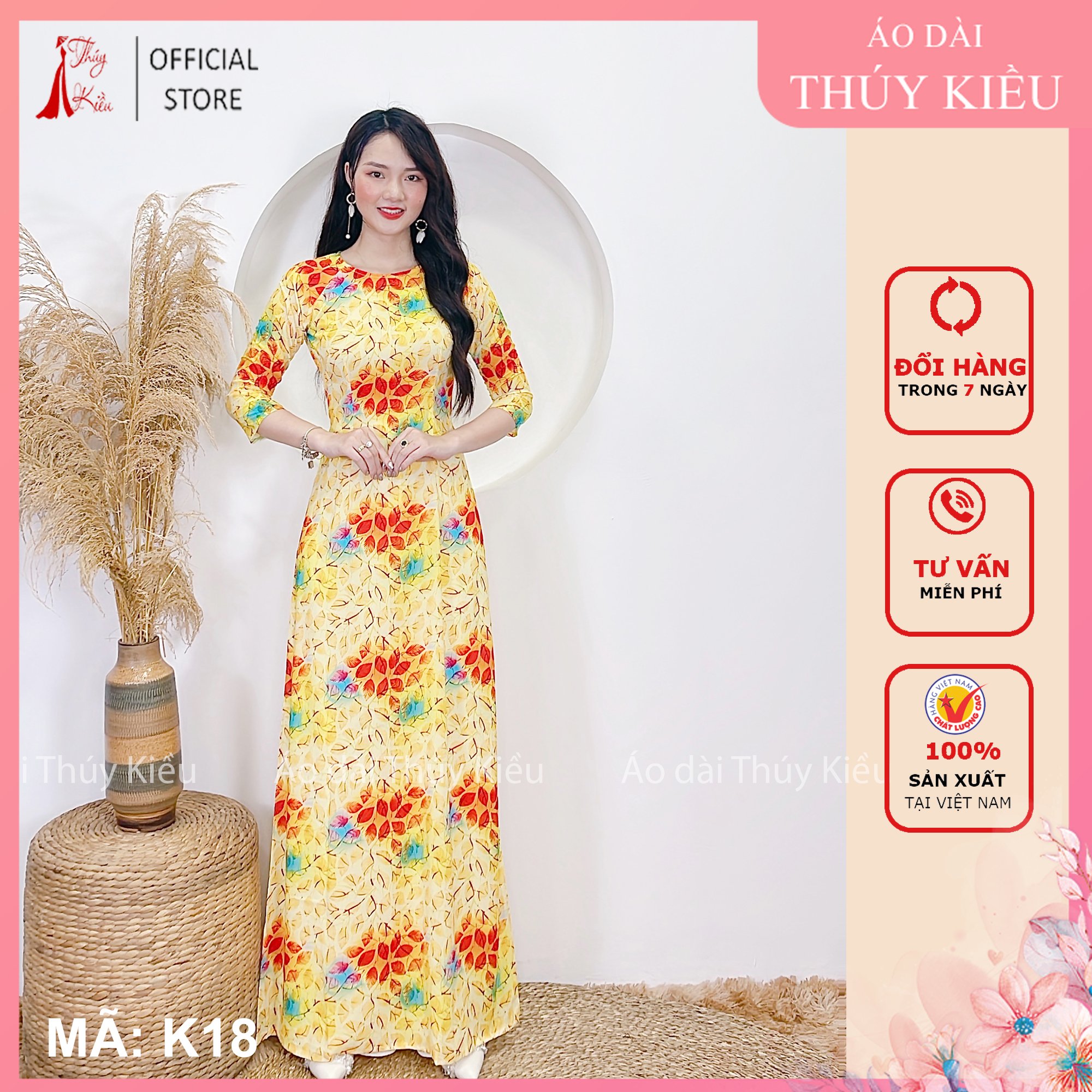 Áo dài truyền thống thiết kế may sẵn tết cách tân nữ nền vàng lá đỏ K18 Thúy Kiều mềm mại co giãn áo dài giá rẻ