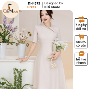 Đầm công sở CITI MODE FASHION thiết kế dáng xoè trắng cổ xoắn đính ngọc DH4575