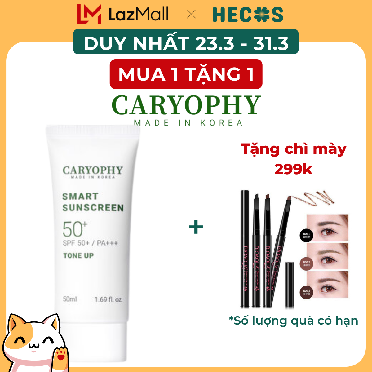 Kem chống nắng nâng tone Caryophy 50ml chỉ số SPF 50+/PA+++ bảo vệ khỏi tia UV, chống thấm nước, kết cấu mỏng nhẹ, hỗ trợ ngăn ngừa mụn - HECOS