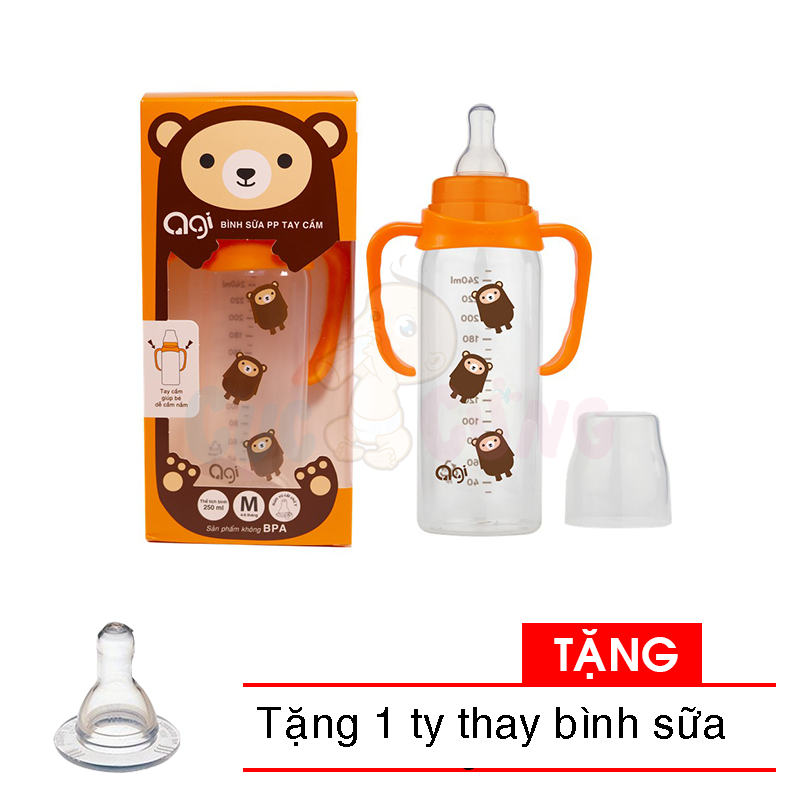 Bình sữa Agi nhựa PP cổ nhỏ/cổ thường có tay cầm 250ml Tặng 1 ty thay bình sữa