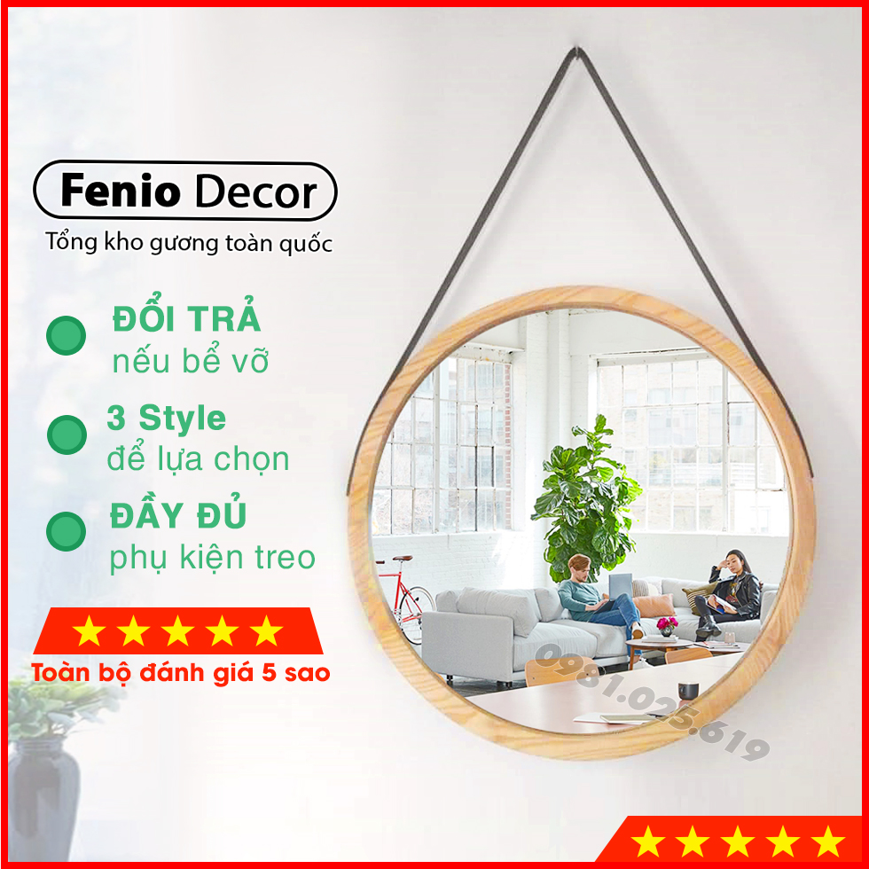 Gương tròn treo tường khung viền gỗ tự nhiên Dây treo bằng da, dây thừng hoặc loại móc treo phía sau