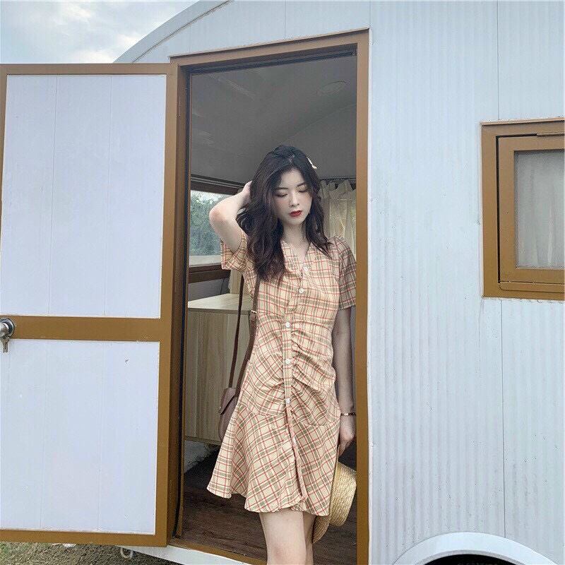 Đầm nữ caro vintage, đầm nữ cổ chéo đính nút, đầm nữ mặc đi chơi, đầm tiểu thư caro nữ dễ thương