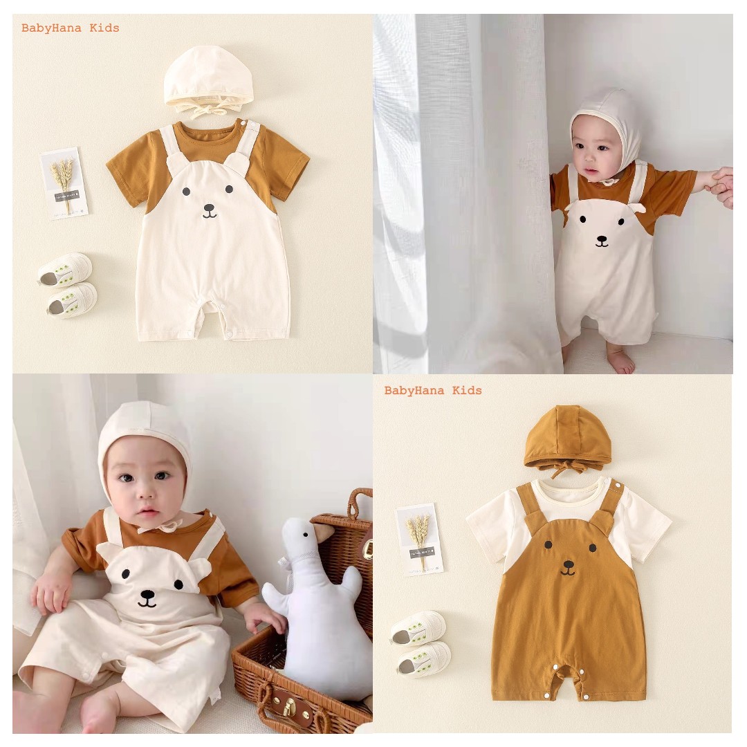 Bộ Bodysuit cho bé, body yếm kèm mũ hình gấu cho bé trai bé gái từ 0-12 tháng