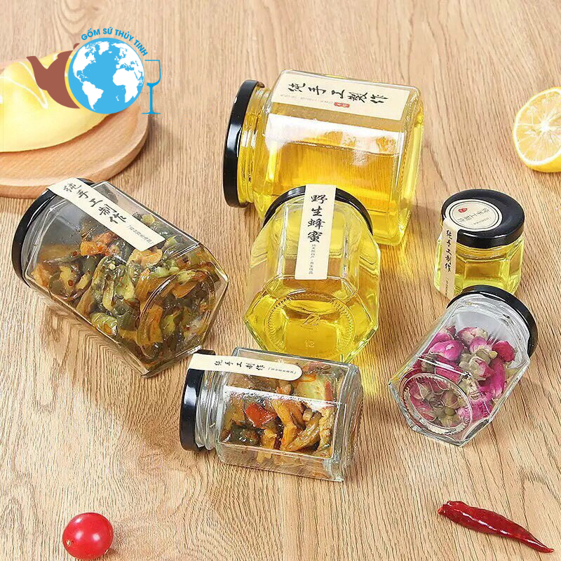 COMBO 50 hũ lục giác 100ml nắp vàng, hũ thủy tinh đựng yến, mật ong, đựng phấn hoa, đựng bột nghệ,..