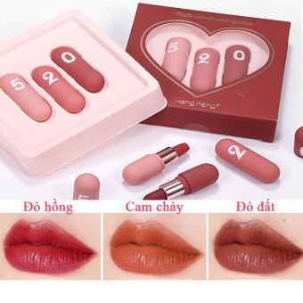 Son môi lì không trôi, Set 3 son môi nhung lì mini 520 siêu xinh với 3 màu lên cực chuẩn, tôn da