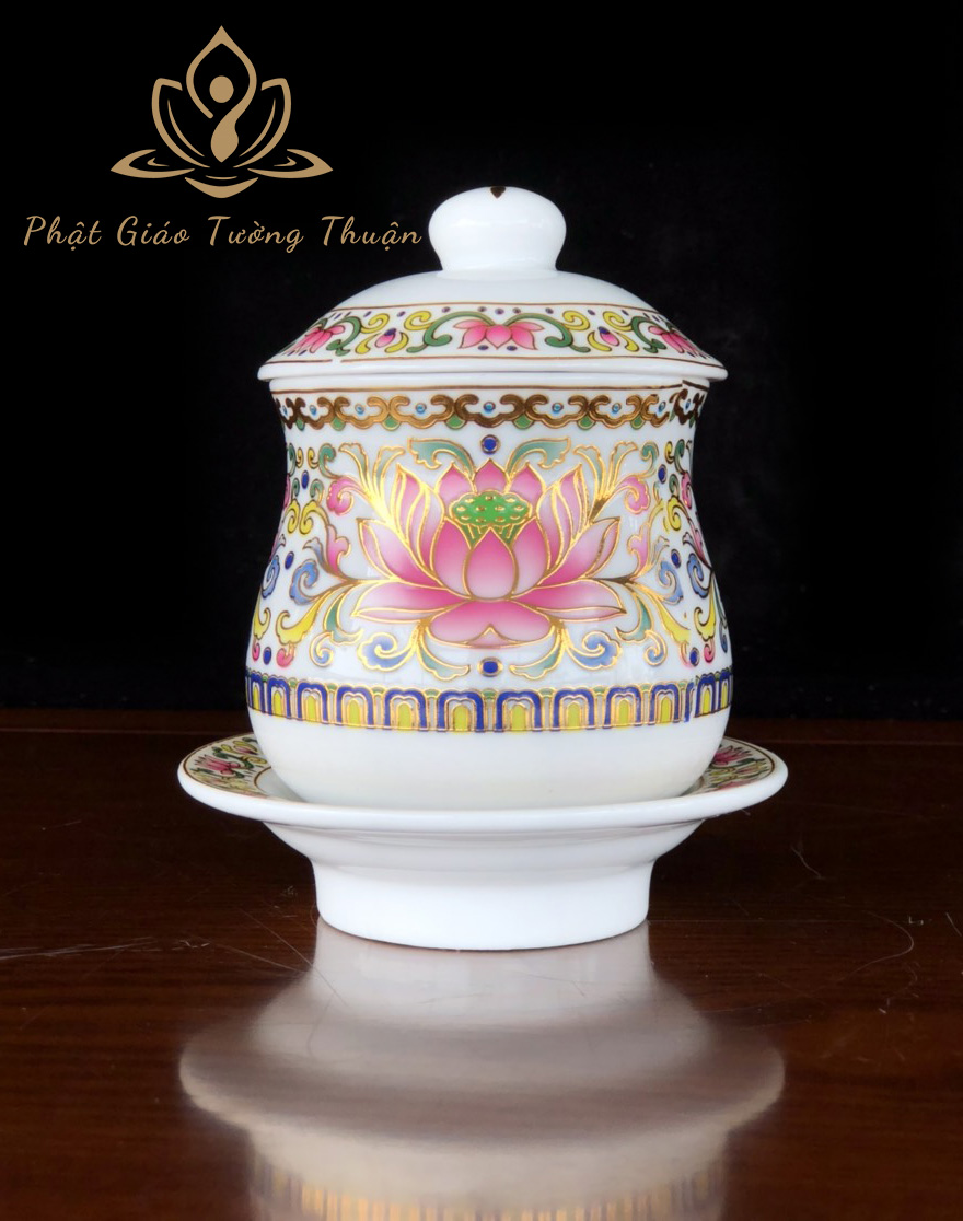 Bộ Thờ Cúng Chun Bi Nước 2018 Họa Tiết Hoa Văn Sen Hồng Bằng Sứ Cao Cấp - Phật Giáo Tường Thuận