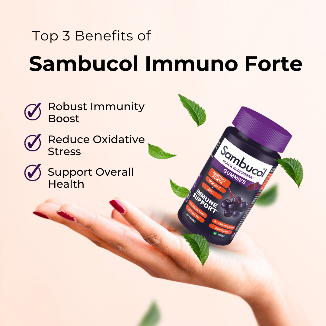 Sambucol Immuno Forte, PLUS Vitamin C + Zinc, Support Immune, 30 Gummies, Benefits