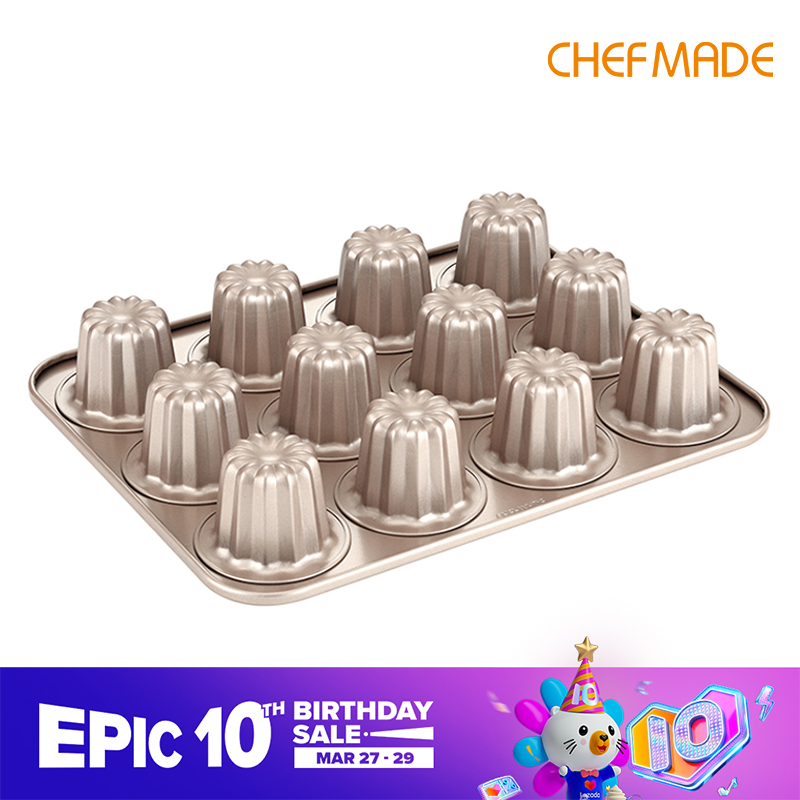 CHEFMADE Khuôn Cannele Chống Dính 12 Cốc Chảo Khuôn Bánh Chuông Thiên Thần Vàng, WK9158
