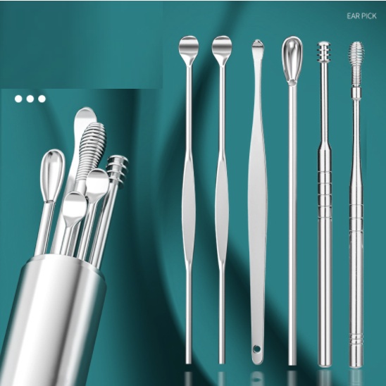 Bộ dụng cụ vệ sinh tai ngoáy tai đồ lấy ráy tai Cao Cấp 6 món bằng thép không gỉ cho gia đình