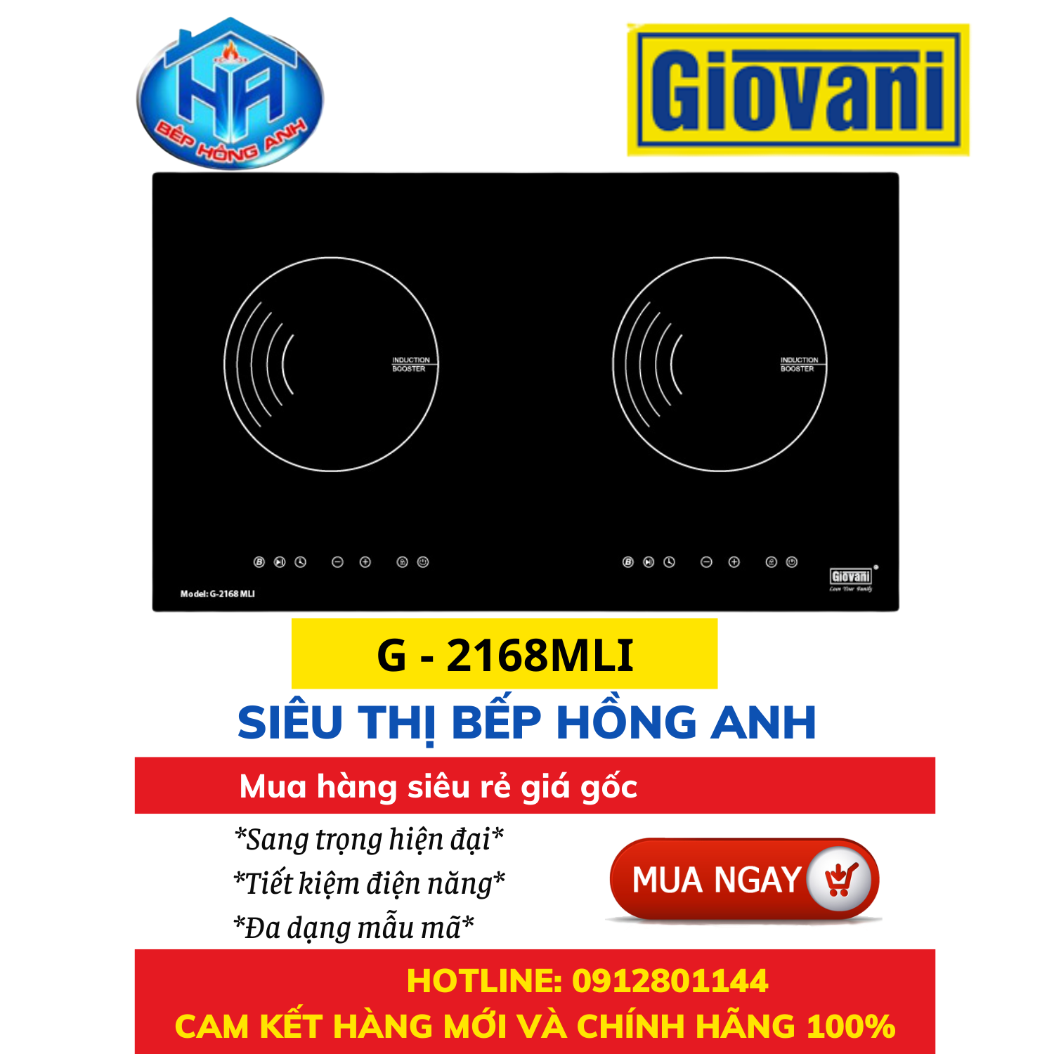 Bếp từ đôi Giovani G - 2168MLI- màu đen sang trọng -HÀNG CHÍNH HÃNG