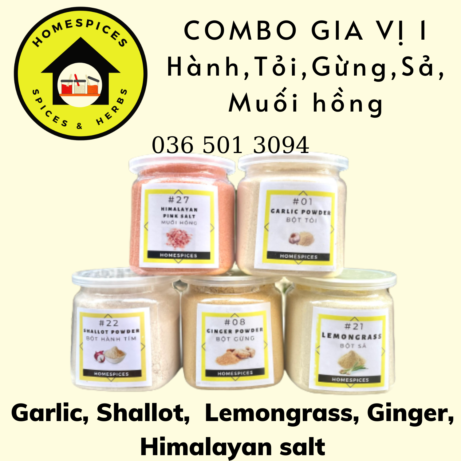 Combo gia vị cần có trong bếp  muối hồng, bột tỏi, bột hành tím, bột sả, bột gừng, bột nghệ , tiêu xay - Homespices gia vị của mọi nhà - Combo gia vị nấu ăn, gia vị ăn kiêng, nguyên liệu nấu ăn và làm bánh - homespices - Combo powder Must Have