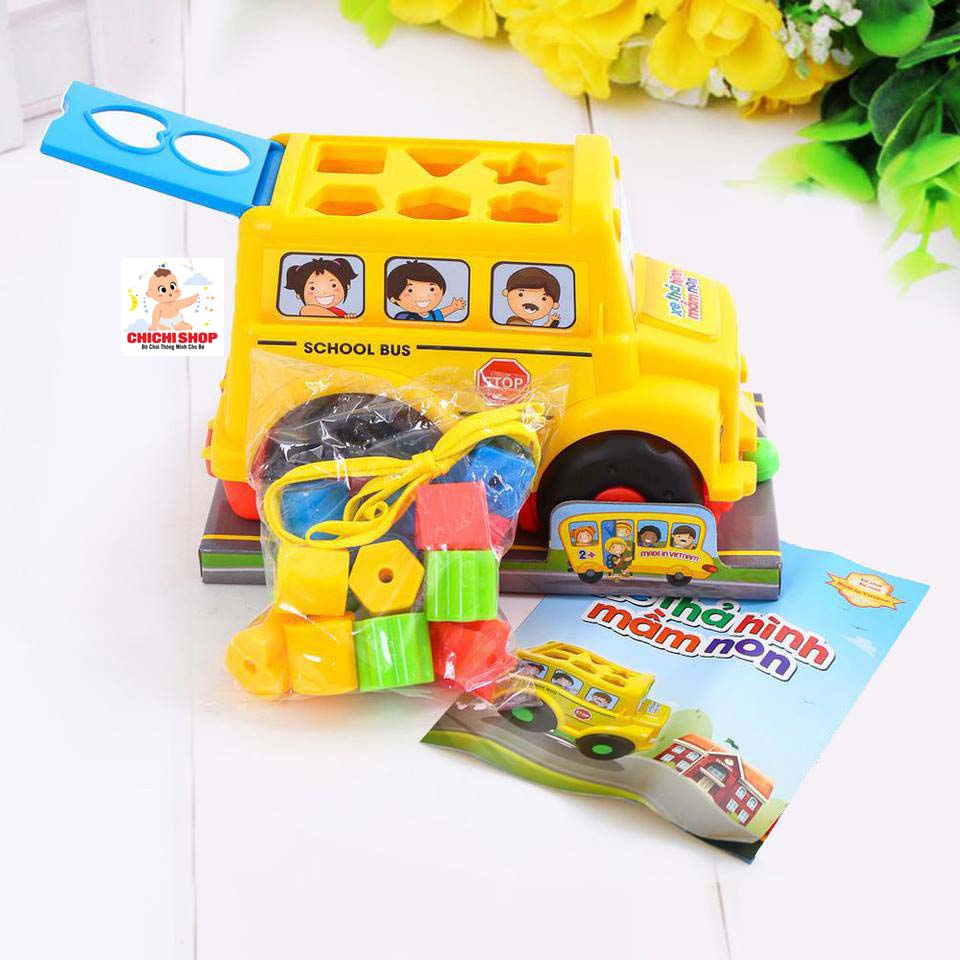 Xe bus thả hình mầm non sato có dây xâu cho bé rèn luyện đôi tay khéo léo