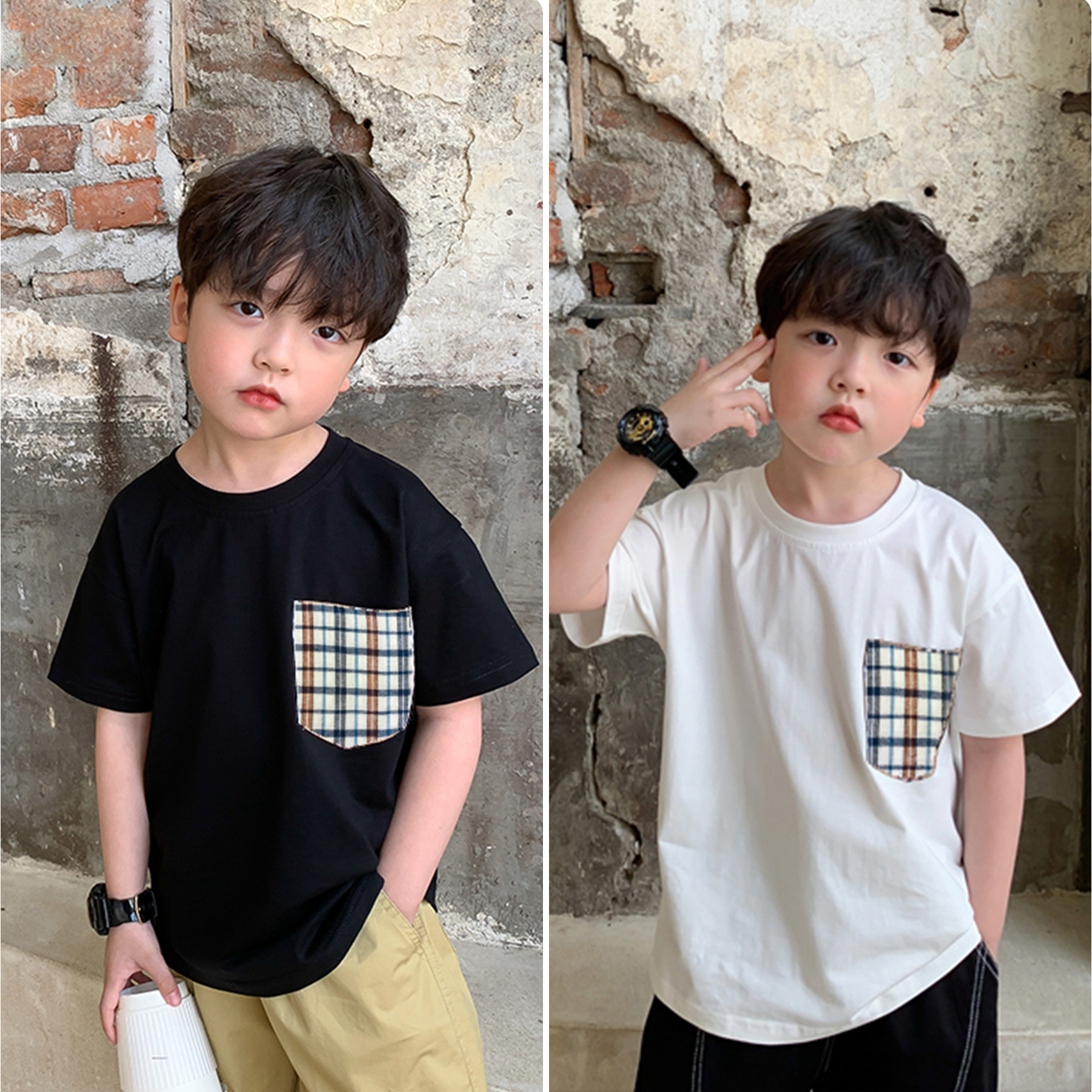 Áo thun cổ tròn cộc tay cotton màu đen trắng phối túi kẻ cho bé trai 1 2 3 4 5 6 7 tuổi Magickids Quần áo trẻ em AO22010
