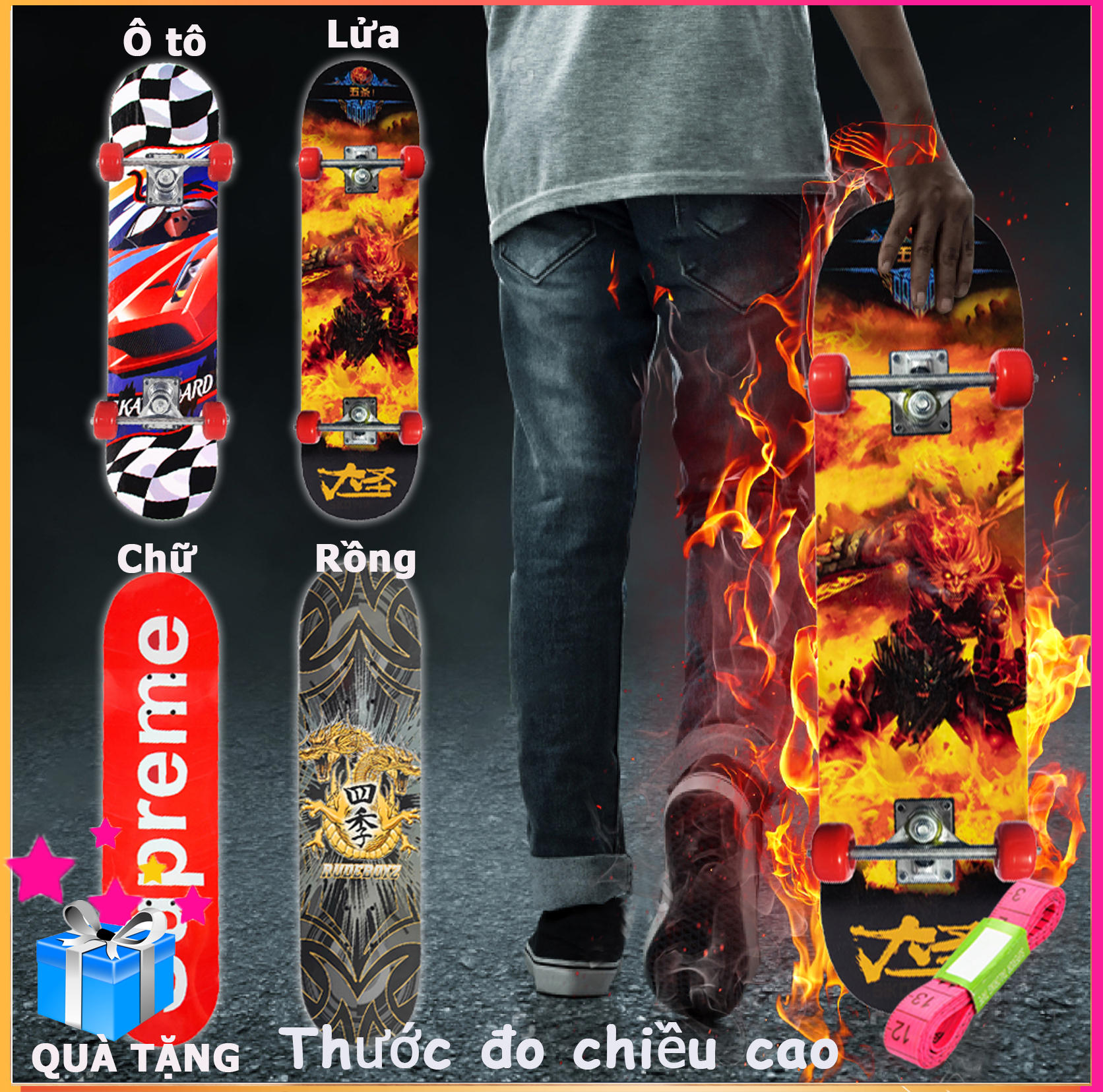 Ván trượt thể thao (nhiều mẫu)- Ván Trượt Trẻ Em YOYO888 loại lớn cho người 3-12 tuổi-gỗ phong ép 7 lớp độ bền cao chịu lực 100 kg