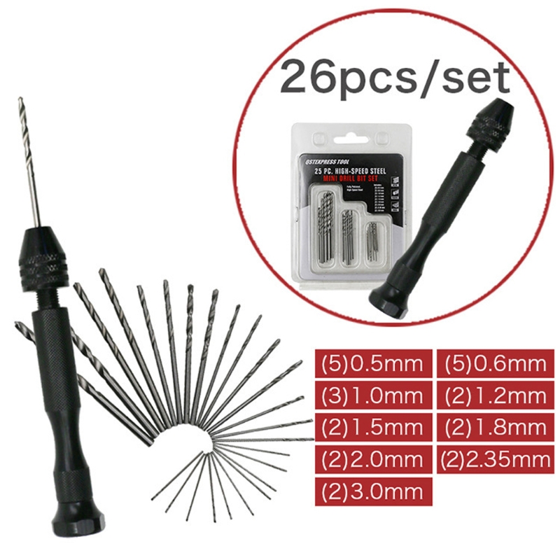 Bộ 26 mũi khoan cầm tay máy khoan mini cầm tay chế biến gỗ cho mô hình đồ trang sức lỗ nhựa dùi công cụ đồ trang sức