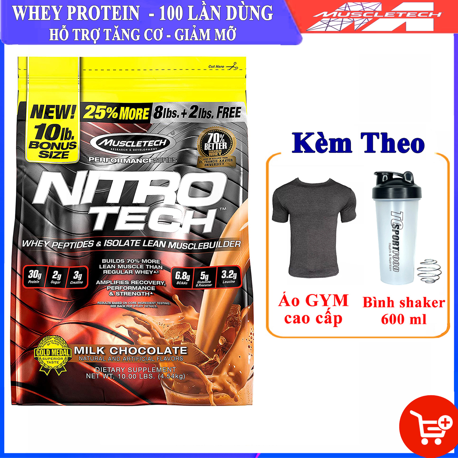[TẶNG BÌNH SHAKER VÀ ÁO GYM] Sữa tăng cơ giảm mỡ cao cấp Whey Protein Nitro Tech của MuscleTech bịch 4.5 kg 100 lần dùng hỗ trợ tăng cơ giảm cân đốt mỡ tăng sức bền sức mạnh cho người tập GYM - Phân phối chính thức
