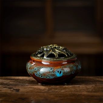 Lư hương trầm hương chất liệu gốm sứ nung xanh cao cấp trang trí tinh xảo