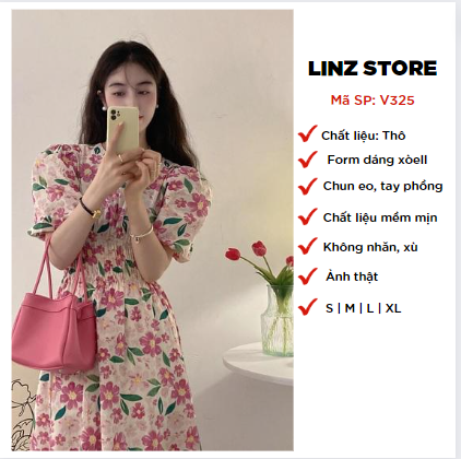 Đầm váy maxi hoa nhí tay ngắn, Váy hoa dáng dài phong cách Vintage eo chun bigsize Linzstore V325