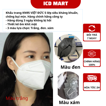 Khẩu trang VN95 Việt Đức, loại 5 lớp, lọc bụi mịn và kháng khuẩn.( 1 hộp/20 gói),ôm khít mặt, dây đeo chắc chắn, 3 màu