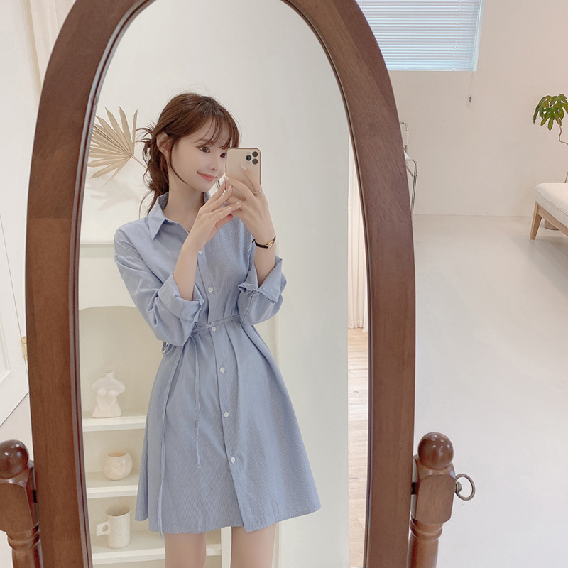 Đầm sơ mi xanh kẻ sọc dáng dài kèm dây thắt lưng, váy thiết kế sơ mi kiểu hàn da26