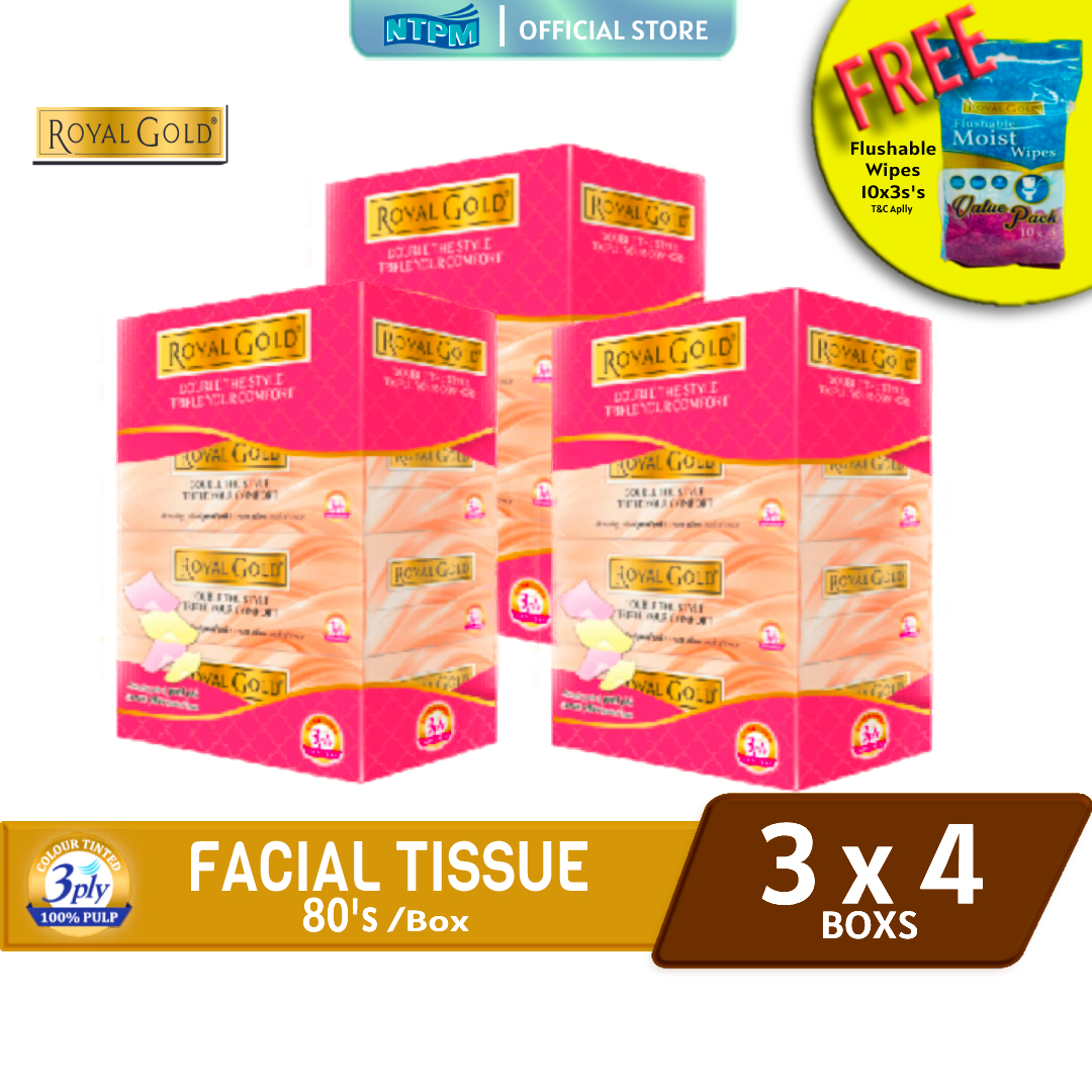 Royal Gold Twin Tone Facial Tissue 4 boxes X 80 Sheets – 3 Packs - FREE Royal Gold Flushable Wipes (10'sx3)