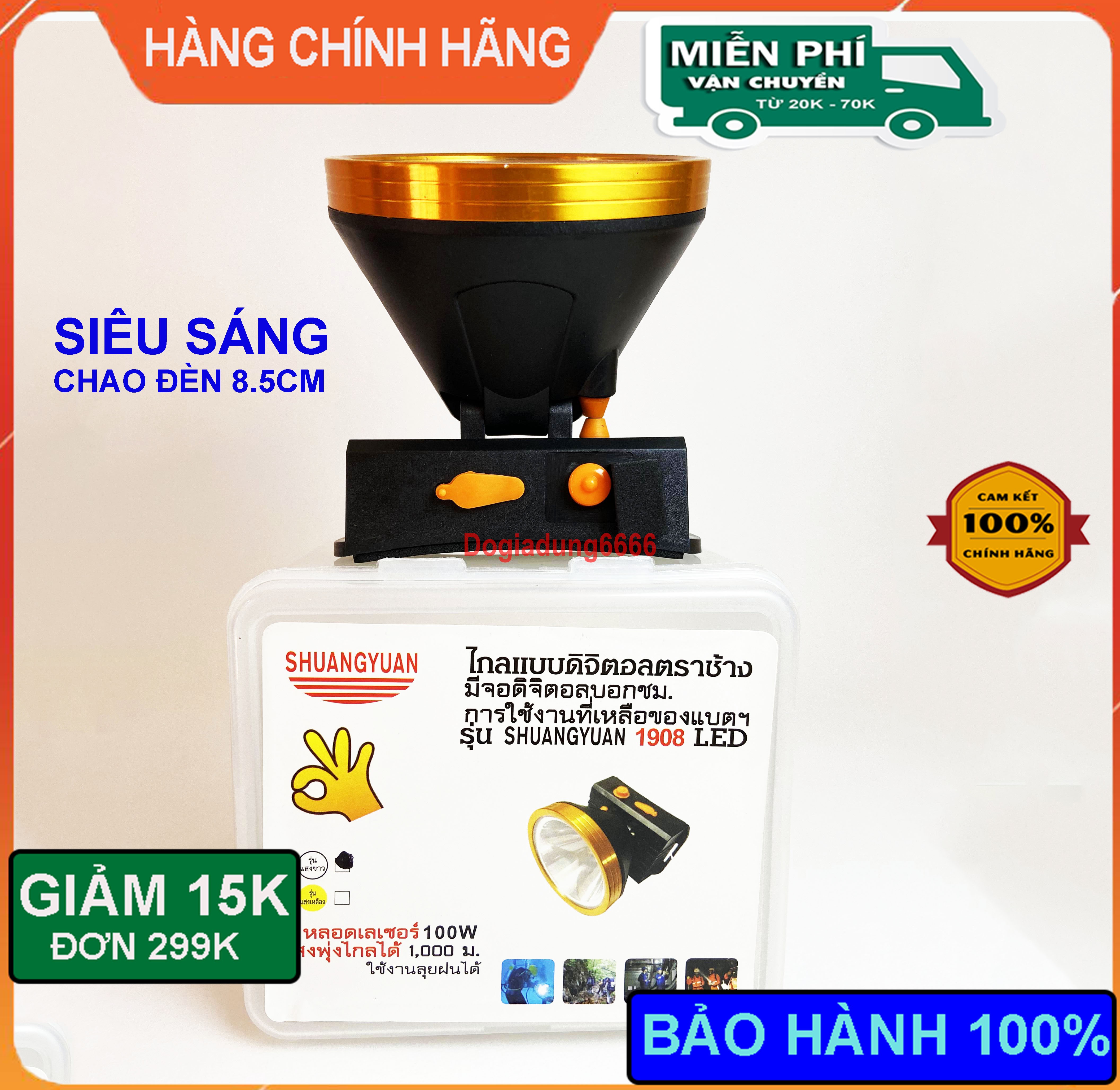 Đèn pin đội đầu siêu sáng 100w shangyuan 1908 led ánh sáng trắng, đèn đeo đầu siêu sáng chiếu xa