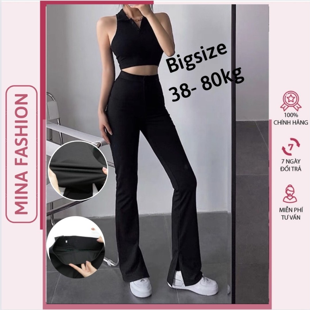 Quần bigsize ống loe legging thun lưng cao xẻ gấu 38 đến 80kg siêu tôn dáng