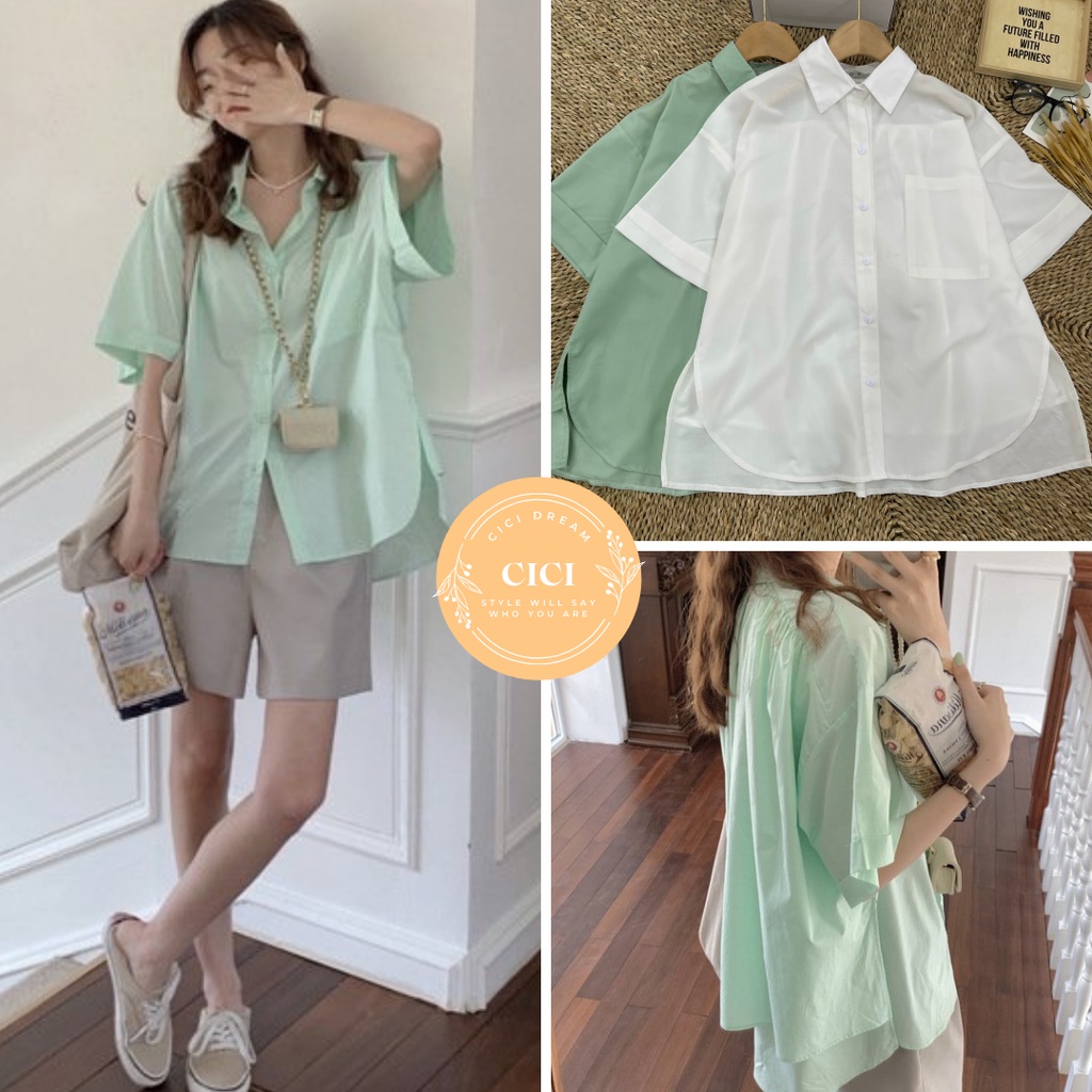 Áo sơ mi nữ cộc tay 2 vạt đuôi tôm xẻ tà sau độc lạ, áo sơ mi nữ form rộng đuôi tôm 2 tà 2 màu xanh trắng