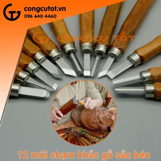 Bộ 12 đục chạm khắc gỗ cầm tay - 12 mũi đa dạng, sắn bén và không rỉ Bộ đục gỗ tay cầm thích hợp cho việc chạm khắc gỗ,điêu khắc mỹ nghệ