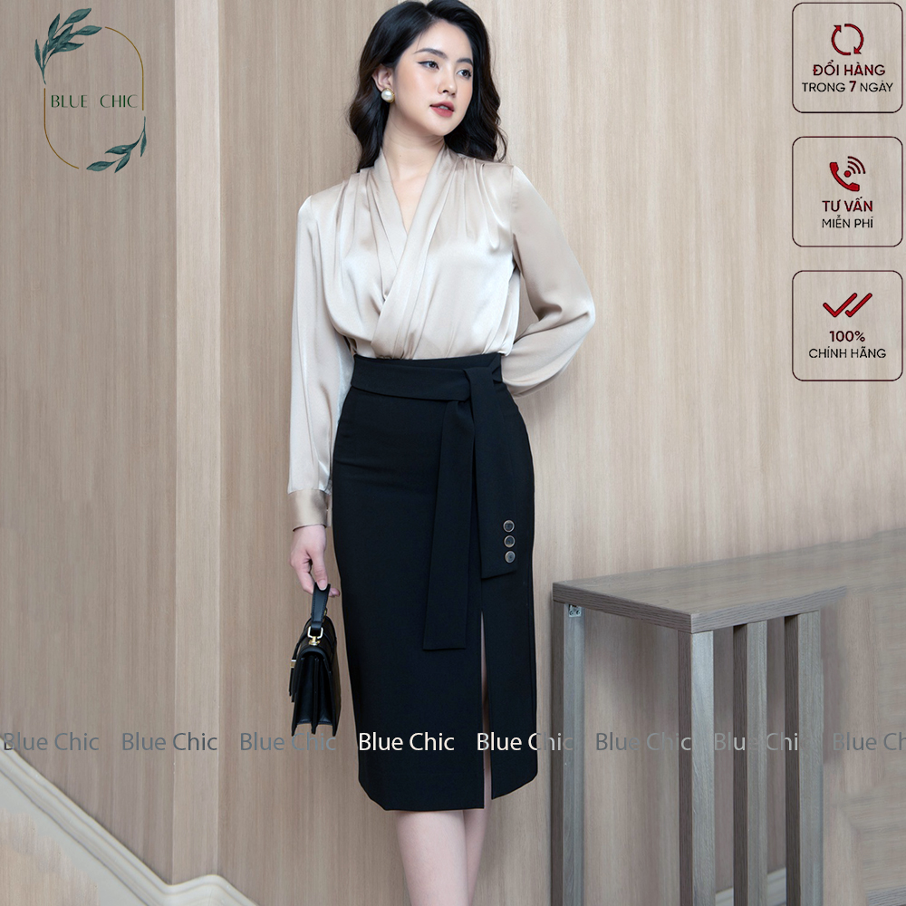 Chân váy Blue Chic khuy gỗ cạp cao dáng dài có lớp lót form công sở cao cấp mặc tôn dáng