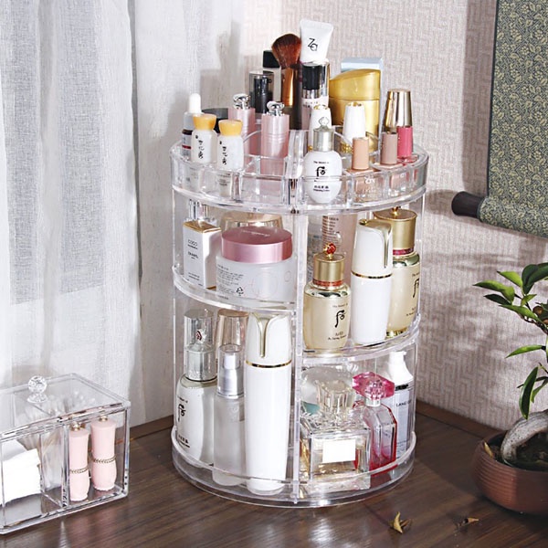 Kệ đựng đồ trang điểm - Kệ đựng mỹ phẩm trụ xoay 360 độ tiện dụng - Kệ để son, kệ đựng mỹ phẩm 4 tầng - Kệ đựng mỹ phẩm 3 tầng 2 ngăn kéo- Kệ nhựa đựng mỹ phẩm có 2 ngăn kéo bền đẹp