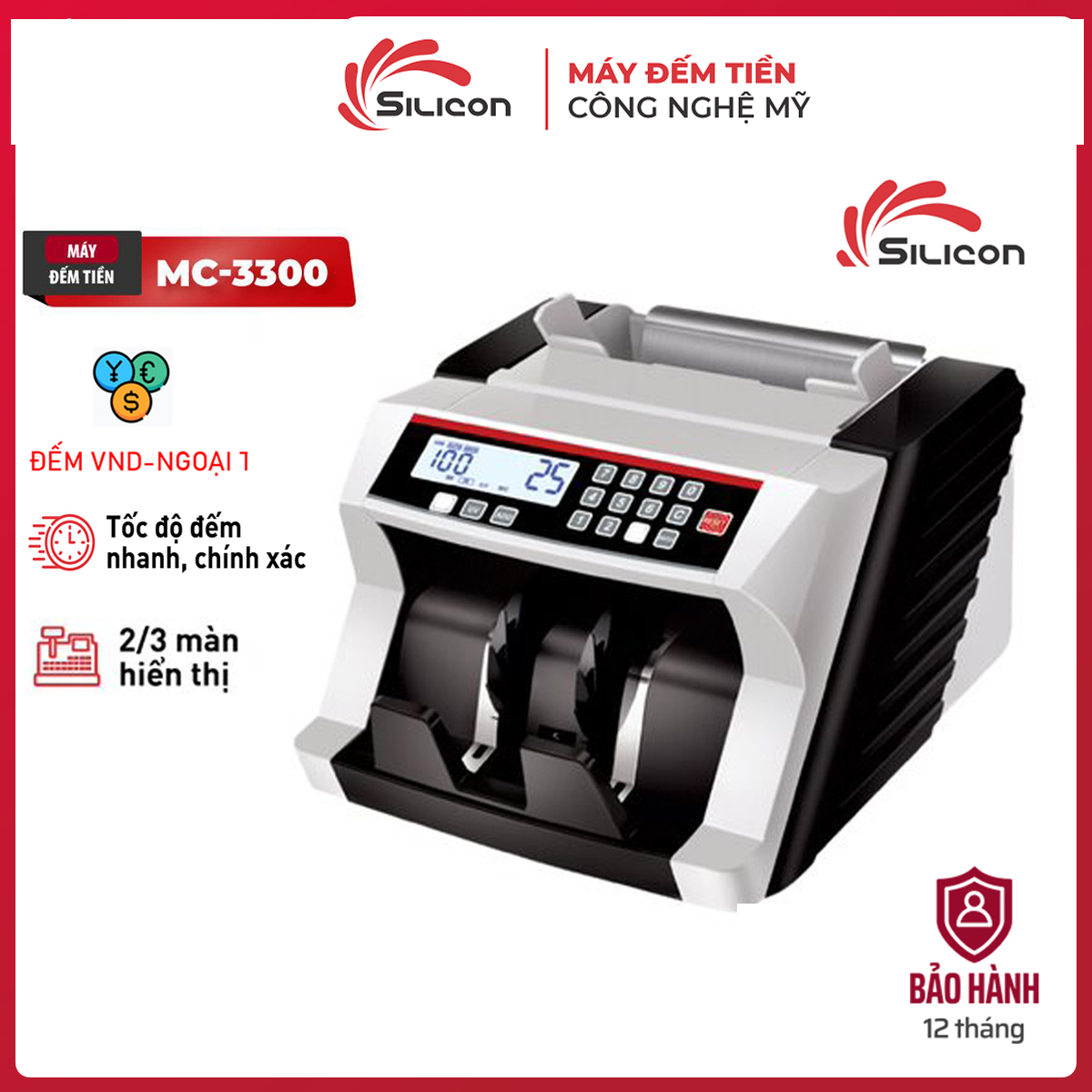 Máy đếm tiền chính hãng nhập khẩu Silicon MC-3300, máy đếm tiền tự động Tốc độ : ≥1000 tờ/phút, đếm tiền giấy và polime, VNĐ và ngoại tệ