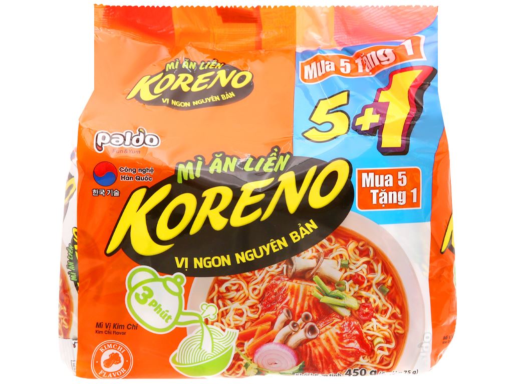 Lốc 6 gói mì koreno vị kim chi 75g