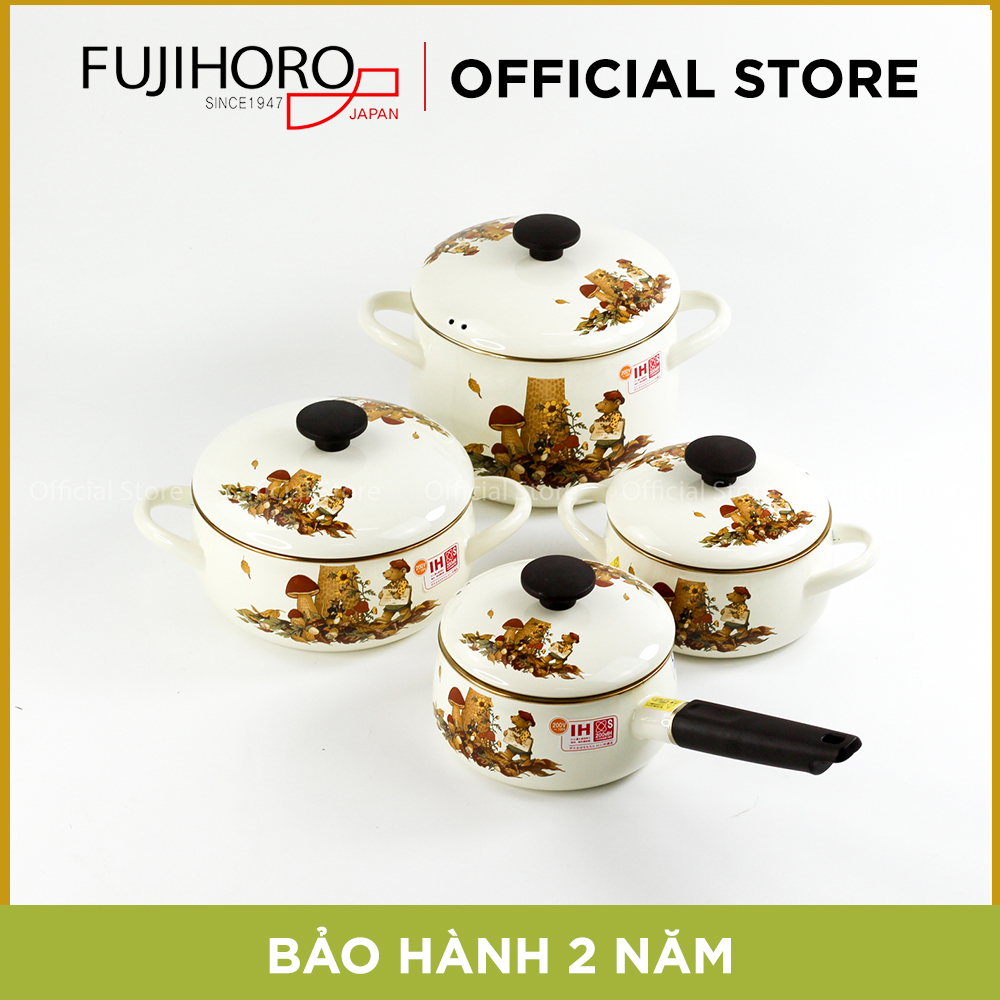Bộ 04 nồi tráng men cao cấp Nhật Bản Fujihoro FTCV-4 ( quánh 16cm, nồi 16cm, 20cm, 22cm) - Họa tiết Con Gấu - Công nghệ từ Nhật Bản - Bảo hành 2 năm  - Hàng chính hãng