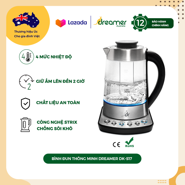 Bình Đun Nước Siêu Tốc Thông Minh Dreamer DK-S17 - Pha Sữa, Cà Phê, Giữ Ấm Lên Đến 2 Giờ, Tặng Kèm Lõi Lọc Trà - Hàng Chính Hãng Úc - Bảo Hành 12 Tháng