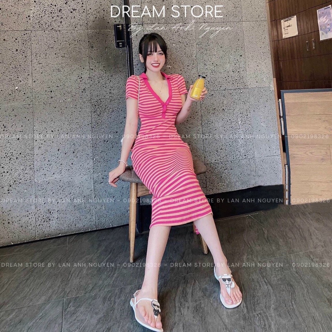 Đầm cổ bẻ tay ngắn ôm body màu cam hồng sọc ngang cực hot , chất thun gân mềm mát m k