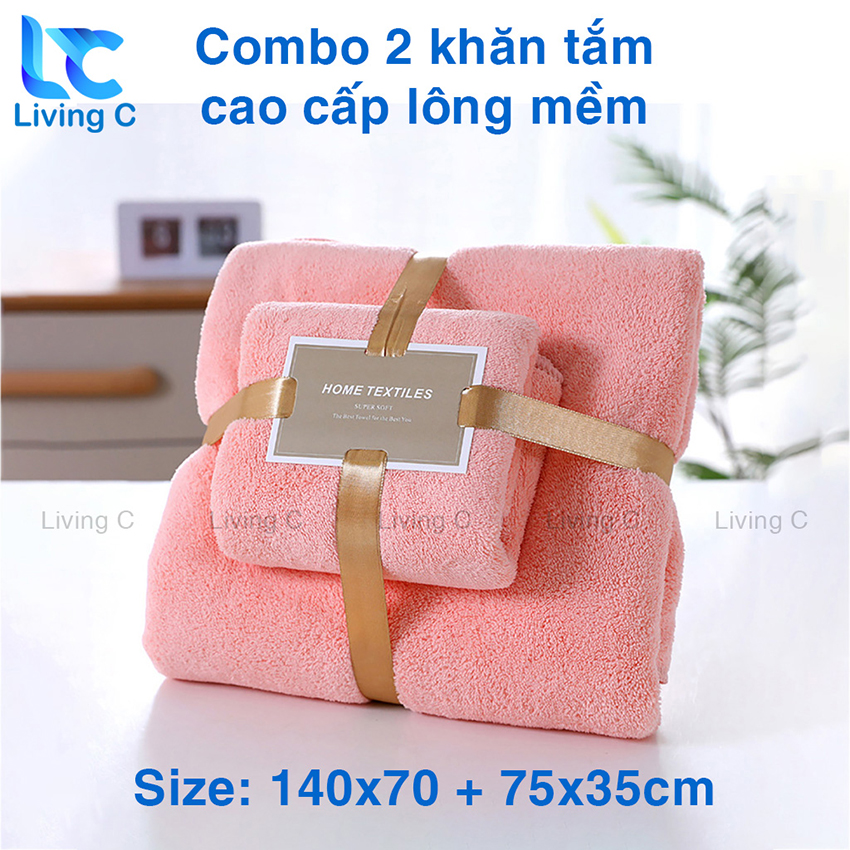 Khăn tắm người lớn cao cấp Living C , set 2 khăn tắm khăn lau mặt lông cừu mềm thấm hút nước S2K