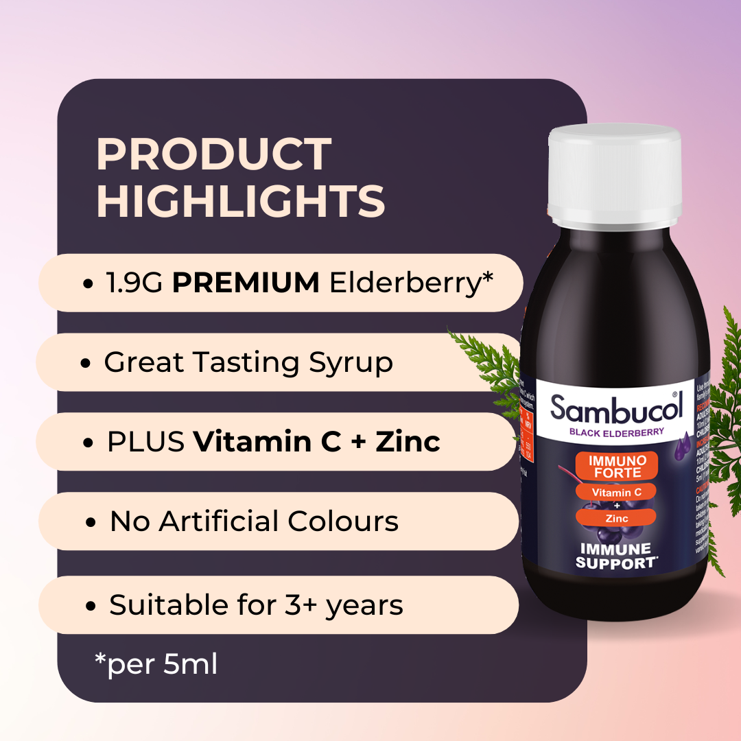 Sambucol Immuno Forte Liquid, With Vitamin C and Zinc, Strengthen Immune System, No Artificial Colours, 120 - 230ml, Product Highlights