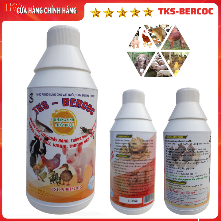 Tks-bercoc kháng sinh thảo dược phòng trừ tiêu chảy, viêm ruột, cầu trùng cho vật nuôi và thủy sản - chai 1 lít